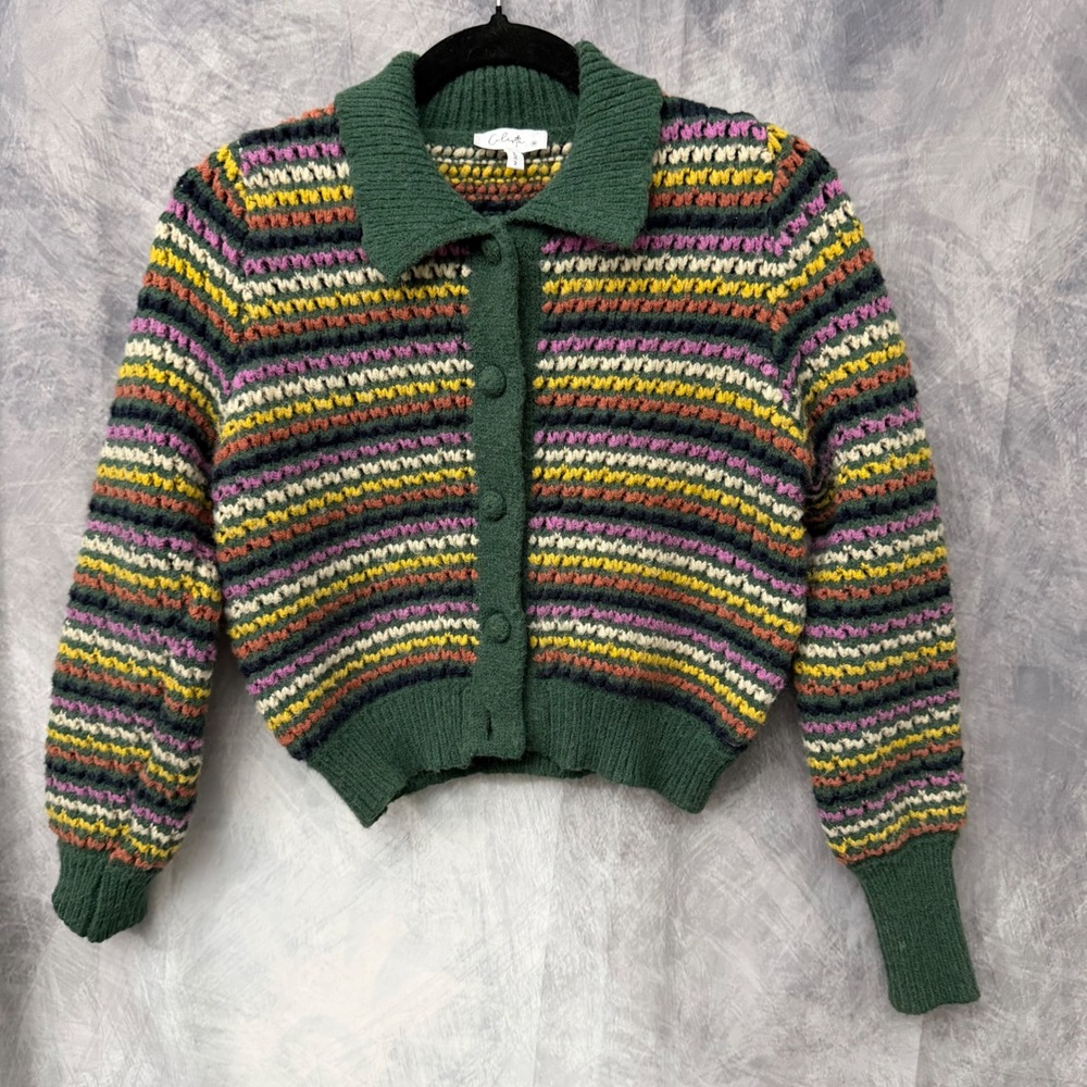 Calista Womens Multi Color Striped Cropped Cardigan Sweater Green Medium